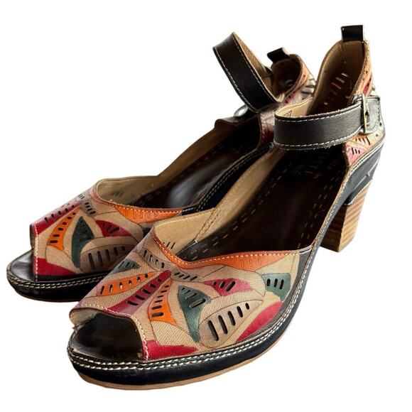 Spring Step Shoes - L’Artiste Avelle Boho Patchwork Leather Colorful Peep Toe Summer Hippie Heels